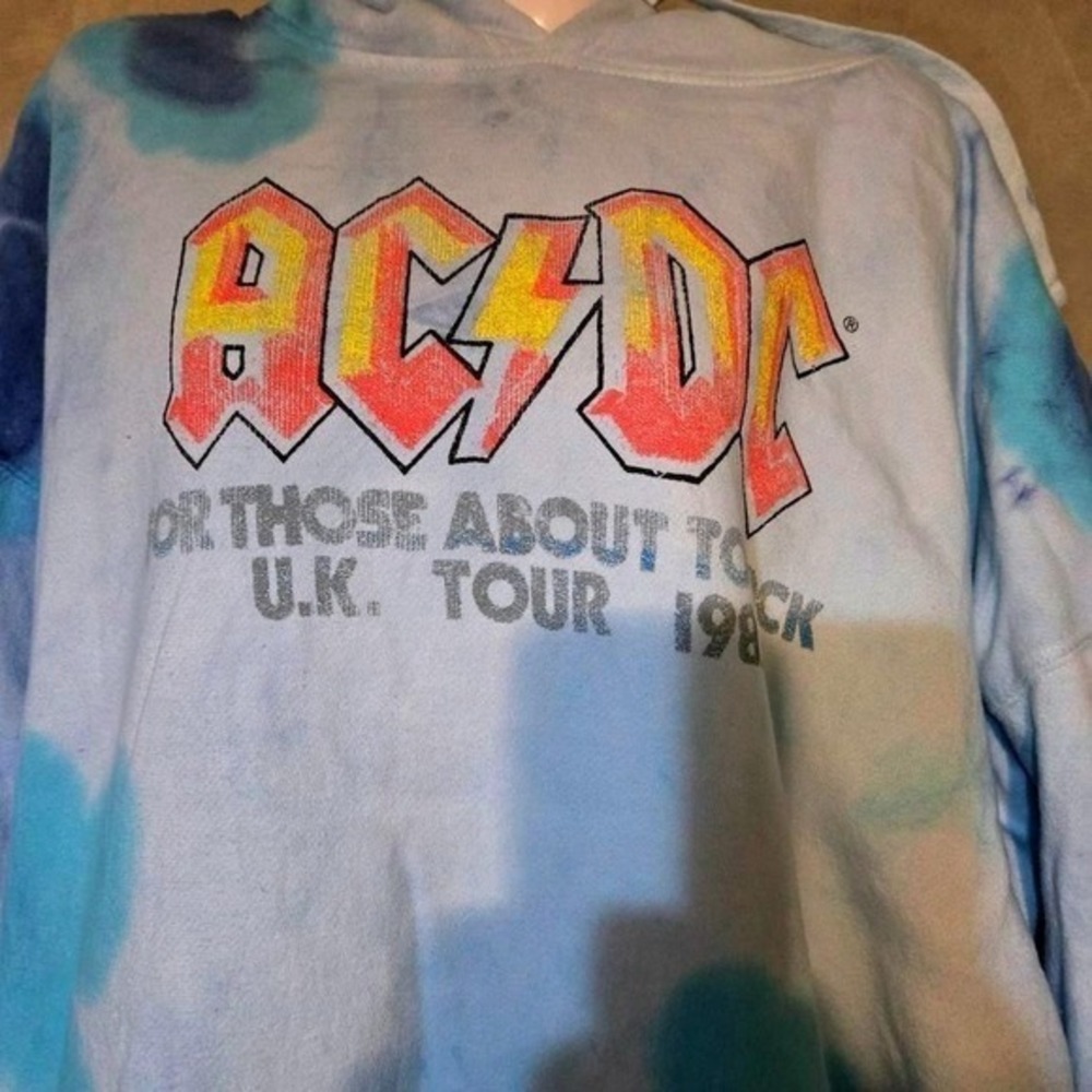 AC/DC Tie Dye Hoodie 3XL Blue Graphic UK Tour Sweatshirt Y2K 80s Vintage Style - Picture 6 of 6